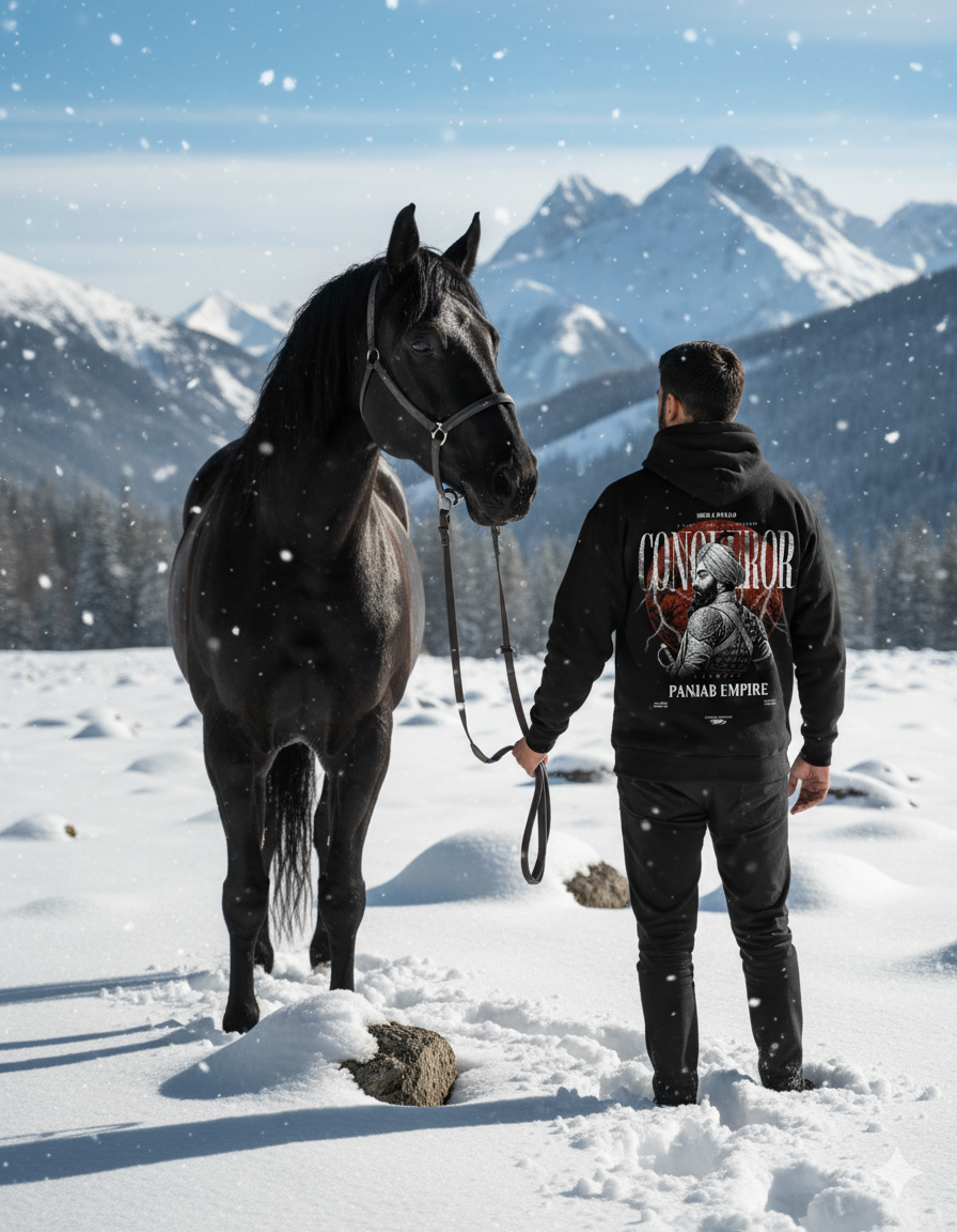 Person in 'CONQUEROR Panjab Empire' hoodie stands with a black horse in a snowy mountain landscape, embodying strength and the spirit of a conqueror.