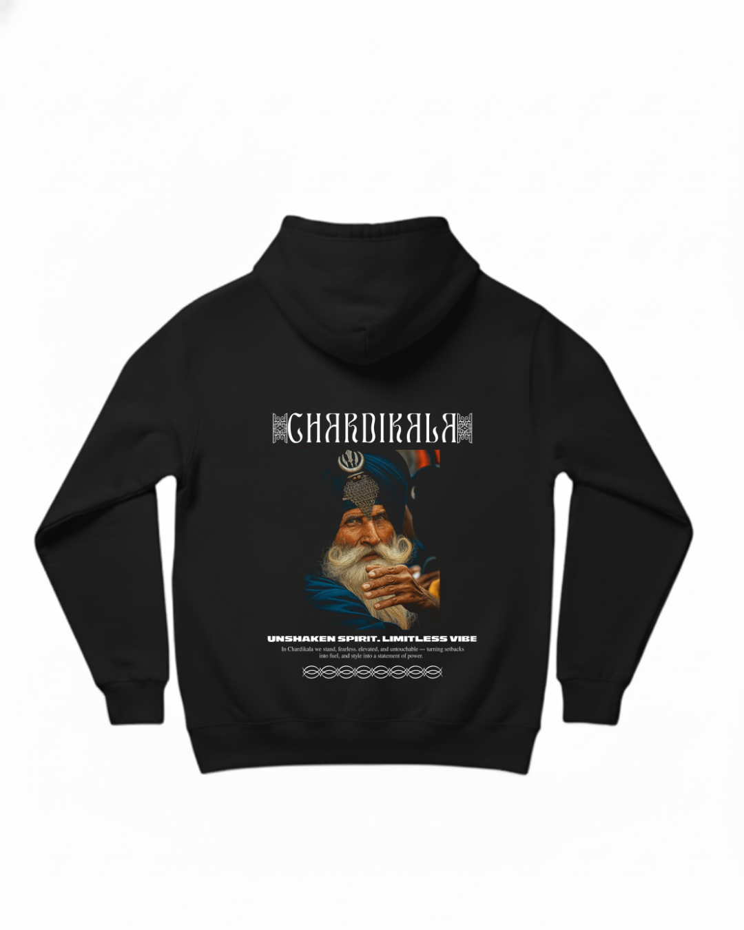 Chardikala Hoodie by Pardesi Drip — premium black hoodie showcasing a Nihang Sikh elder symbolizing unshaken spirit, positivity, and eternal optimism. Detailed Khanda emblem and typography celebrate Punjabi resilience and cultural pride.