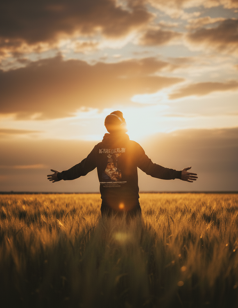 Person standing in a field with arms outstretched at sunset