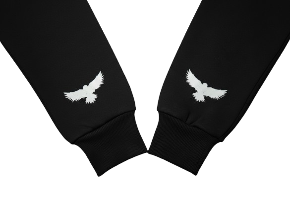 Black sleeves with white eagle designs on a white background