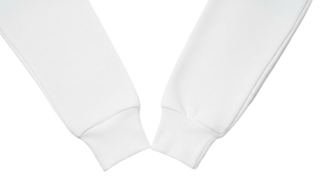 Close-up of white cotton fleece hoodie cuffs on a white background