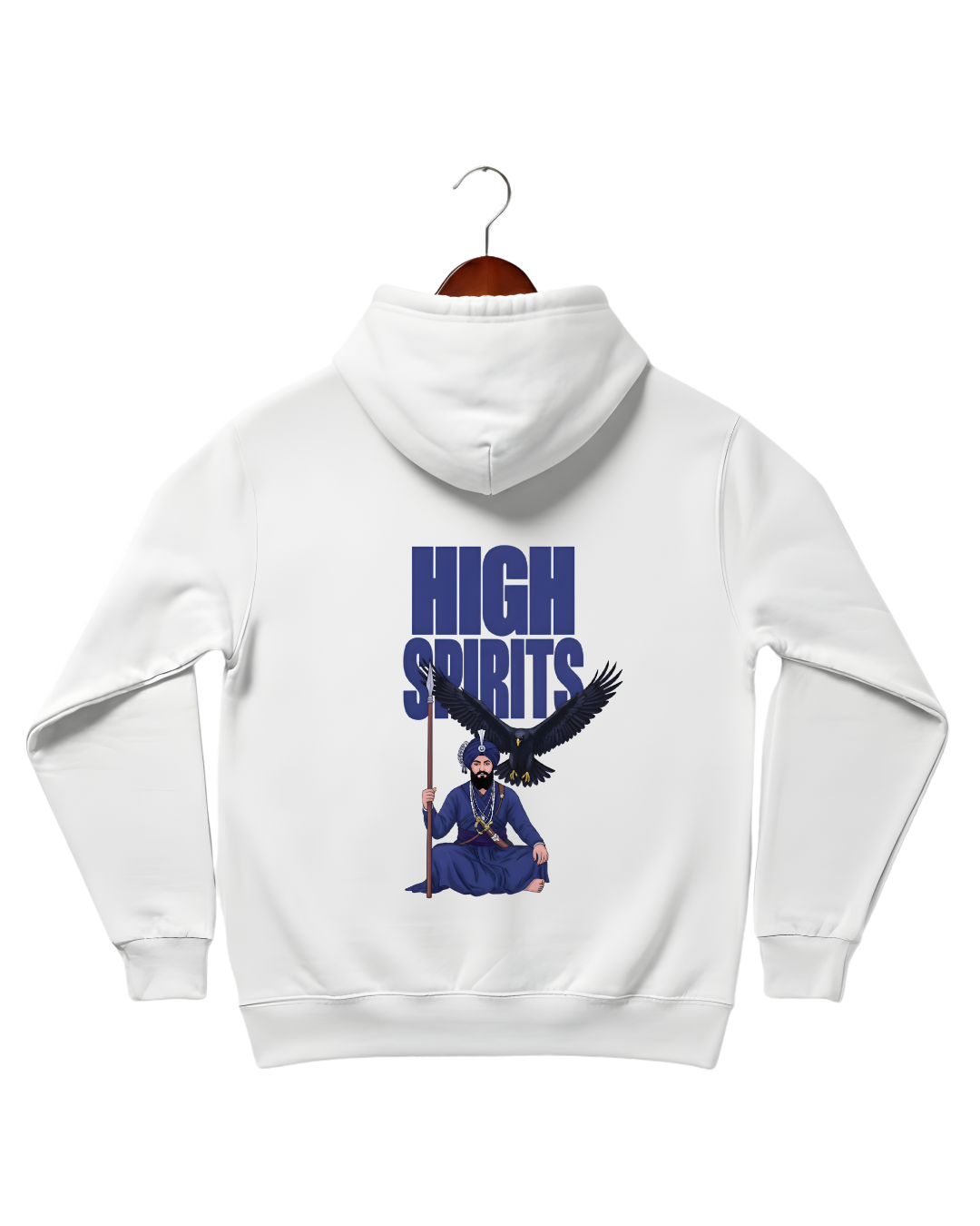 High Spirits Hoodie by Pardesi Drip — white hoodie featuring a serene Nihang warrior with an eagle in flight. Symbol of spiritual freedom, high energy, and divine strength rooted in Punjabi and Sikh warrior traditions. Elevated cultural streetwear.