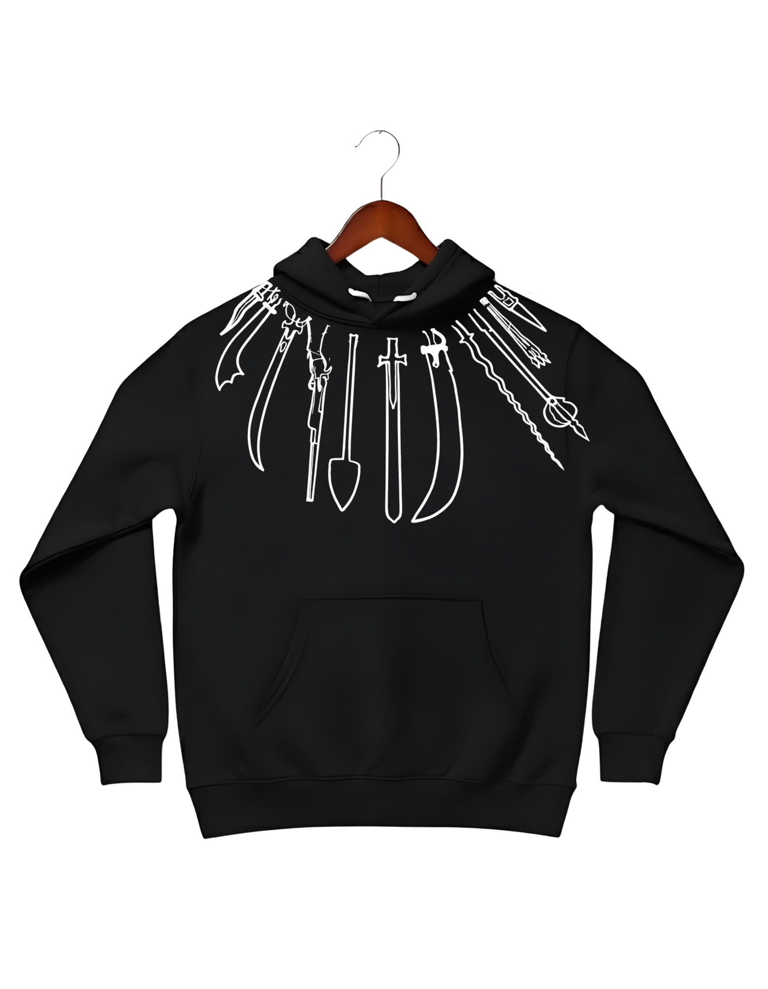 A black Cotton Fleece heavyweight hoodie featuring a unique "Shastar" neck design. The graphic consists of white outlines of traditional Panjabi warrior weapons (swords, spears, and daggers) arranged in a fan shape around the collar, showcasing a modern twist on traditional Sikh imagery.