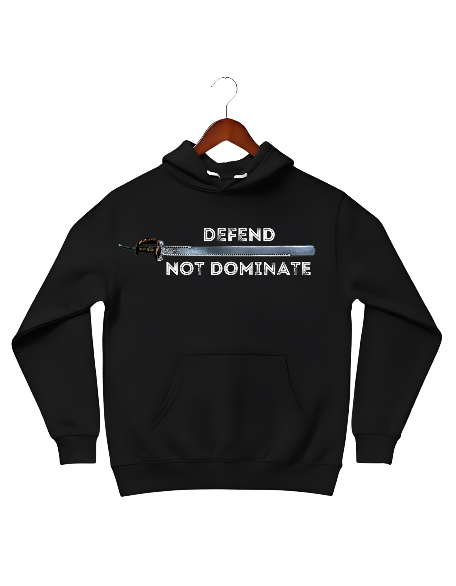 Black Cotton Fleece heavyweight streetwear hoodie featuring a central horizontal graphic of a traditional Kirpan (Sikh sword) with a detailed silver blade and gold hilt. The design is framed by the text "DEFEND" in white distressed typography above the sword and "NOT DOMINATE" in matching white distressed font below, emphasizing a warrior spirit and protective philosophy.