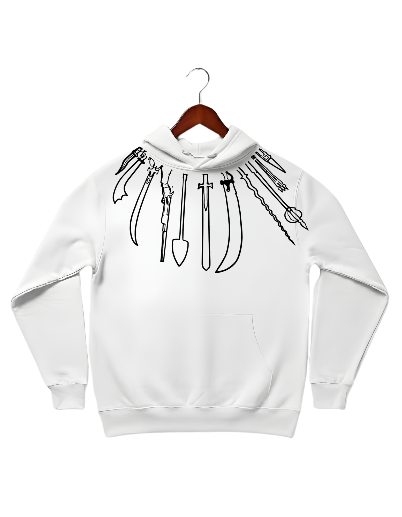 A White Cotton Fleece heavyweight hoodie featuring a unique "Shastar" neck design. The graphic consists of white outlines of traditional Panjabi warrior weapons (swords, spears, and daggers) arranged in a fan shape around the collar, showcasing a modern twist on traditional Sikh imagery.