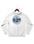 white Cotton Fleece hoodie features a circular blue watercolor-style graphic of a Baaz (Sikh falcon) perched on a branch, flanked by the edgy script "STEEL MAY PIERCE" and "SPIRIT WON'T.