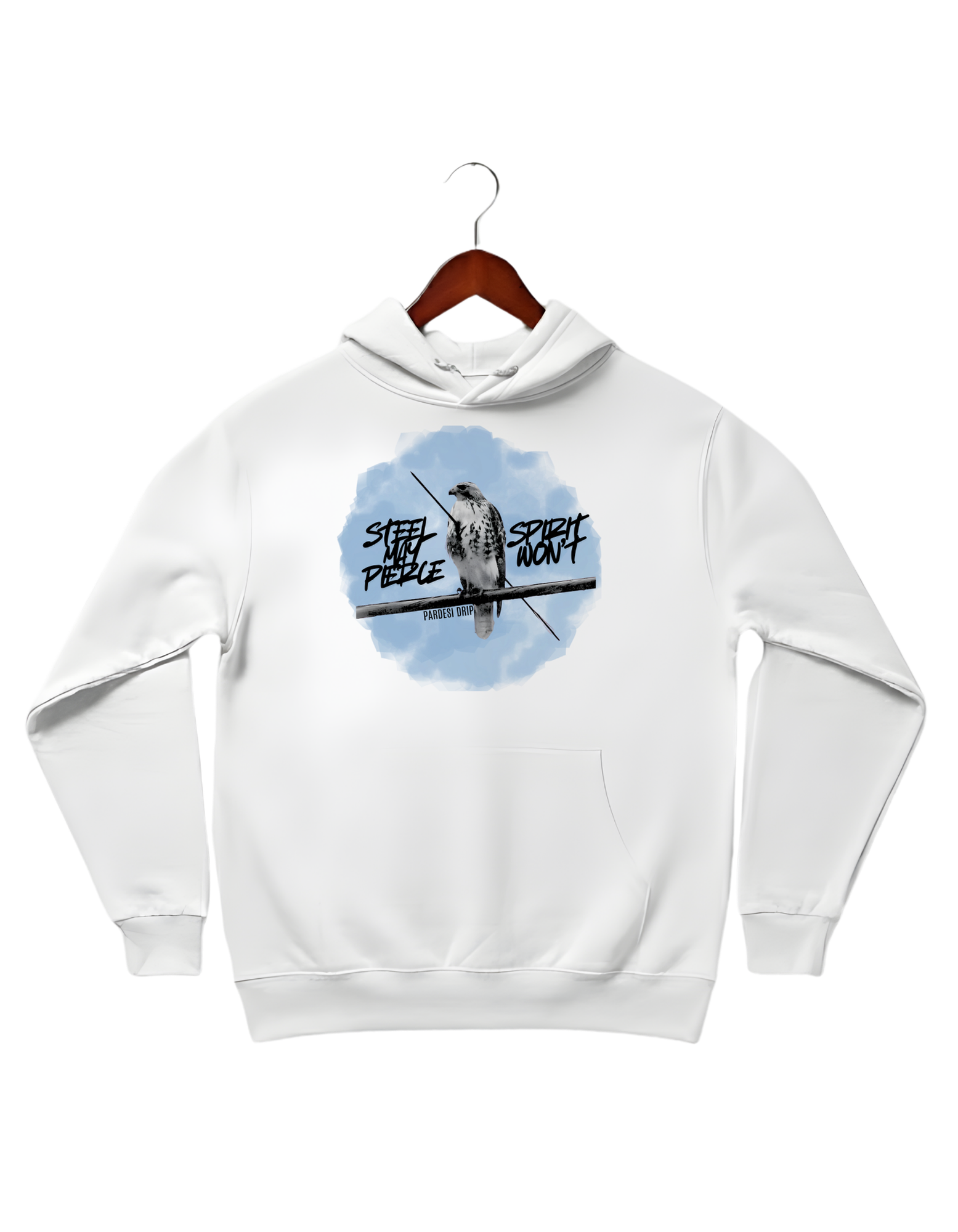 white Cotton Fleece hoodie features a circular blue watercolor-style graphic of a Baaz (Sikh falcon) perched on a branch, flanked by the edgy script "STEEL MAY PIERCE" and "SPIRIT WON'T.