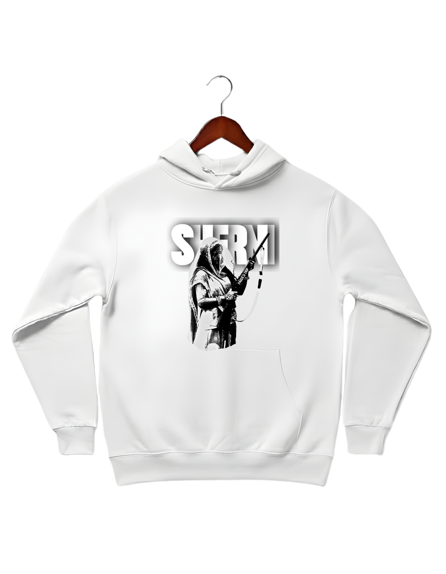 White oversized Cotton Fleece hoodie features a large, bold graphic of a historical figure, Maharani Jindan Kaur, with the word "SHERNI" in large white block typography in the background. The design is loud, graphic, and culturally inspired.