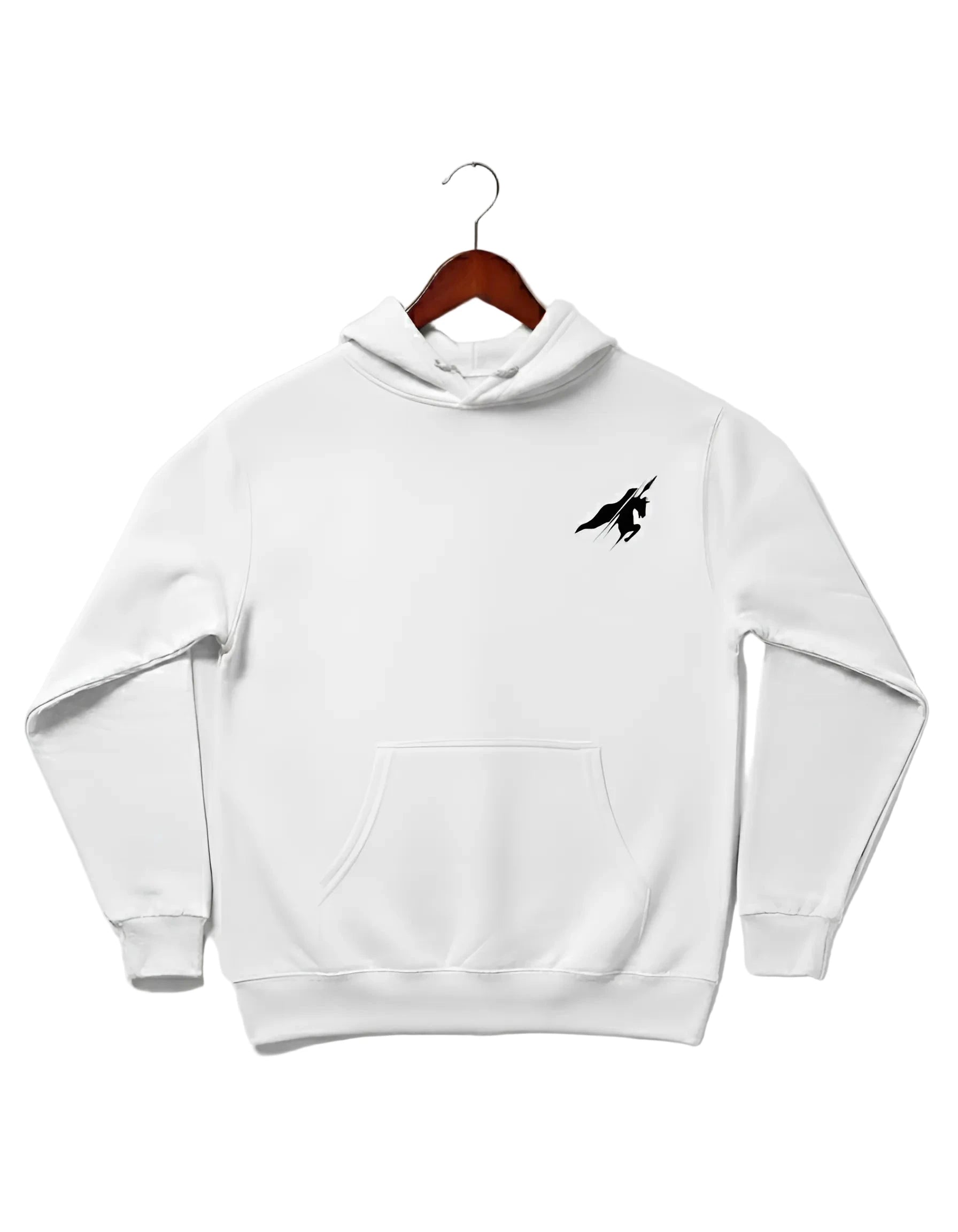 Minimalist white hoodie by Pardesi Drip — sleek streetwear design with small white horse emblem on chest symbolizing pride, strength, and motion. Premium cotton fabric representing bold Punjabi roots and modern minimalist aesthetic.