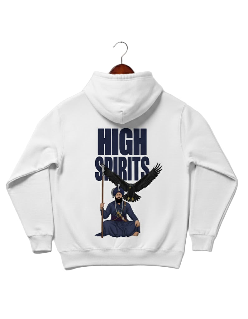 High Spirits Hoodie by Pardesi Drip — white hoodie featuring a serene Nihang warrior with an eagle in flight. Symbol of spiritual freedom, high energy, and divine strength rooted in Punjabi and Sikh warrior traditions. Elevated cultural streetwear.