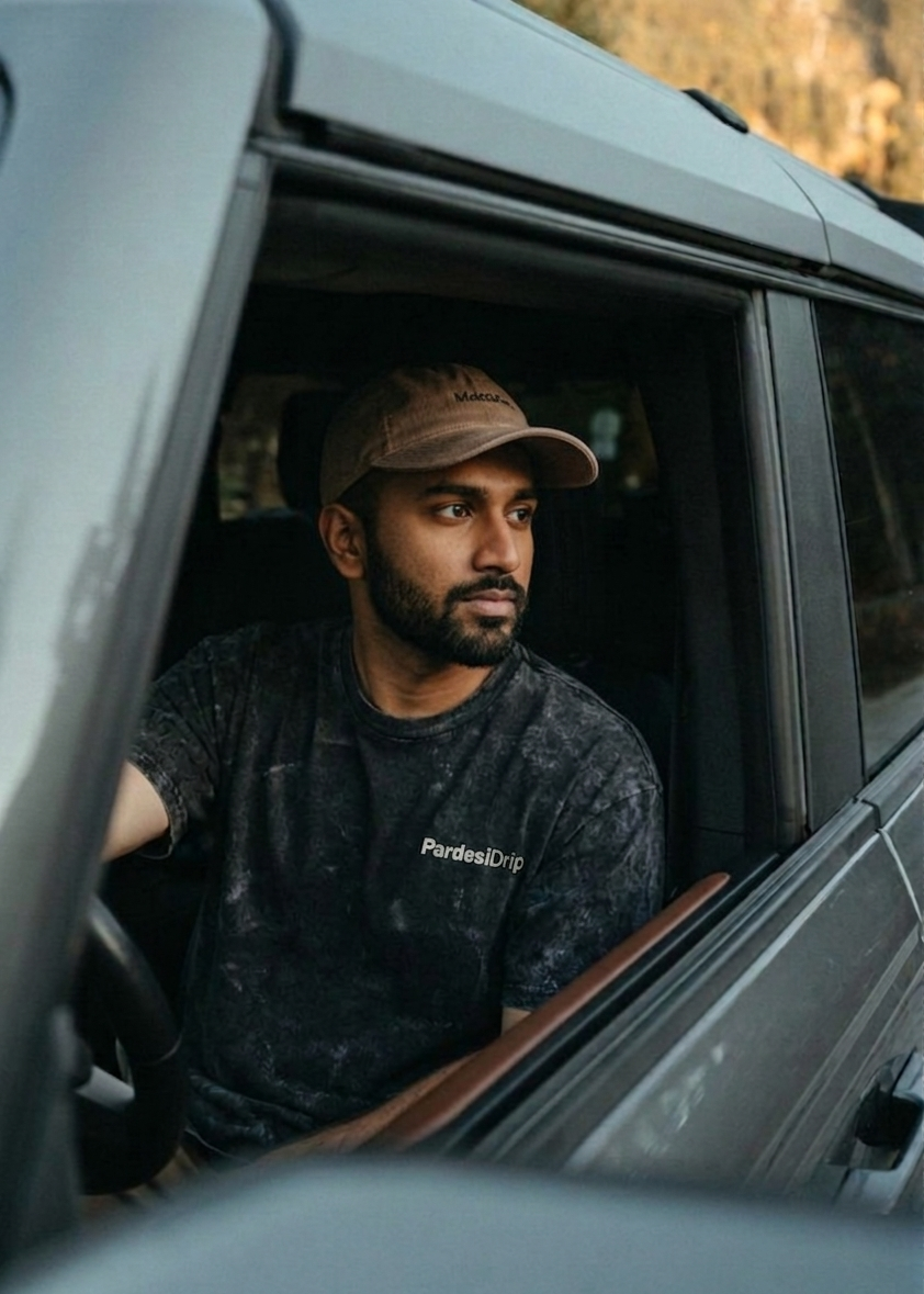 Man sitting in a car with mountains in the background