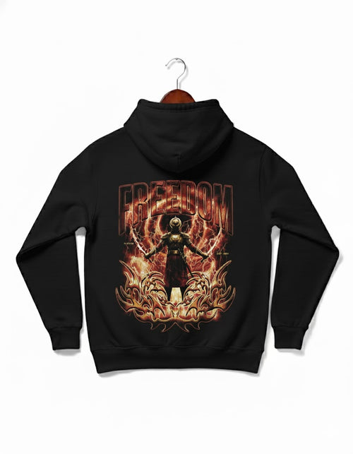 Pardesi Drip Freedom Hoodie in black - bold streetwear design featuring a warrior rising from flames symbolizing liberation, rebellion, and inner power. Inspired by Punjabi heritage and spiritual freedom with fiery artwork and vintage typography.