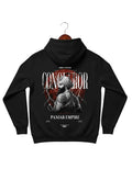 Black Conqueror Hoodie by Pardesi Drip — powerful Maharaja Ranjit Singh illustration with red aura and heritage typography. Merges royal Punjabi history with modern streetwear aesthetic, honoring warrior leadership and timeless strength.