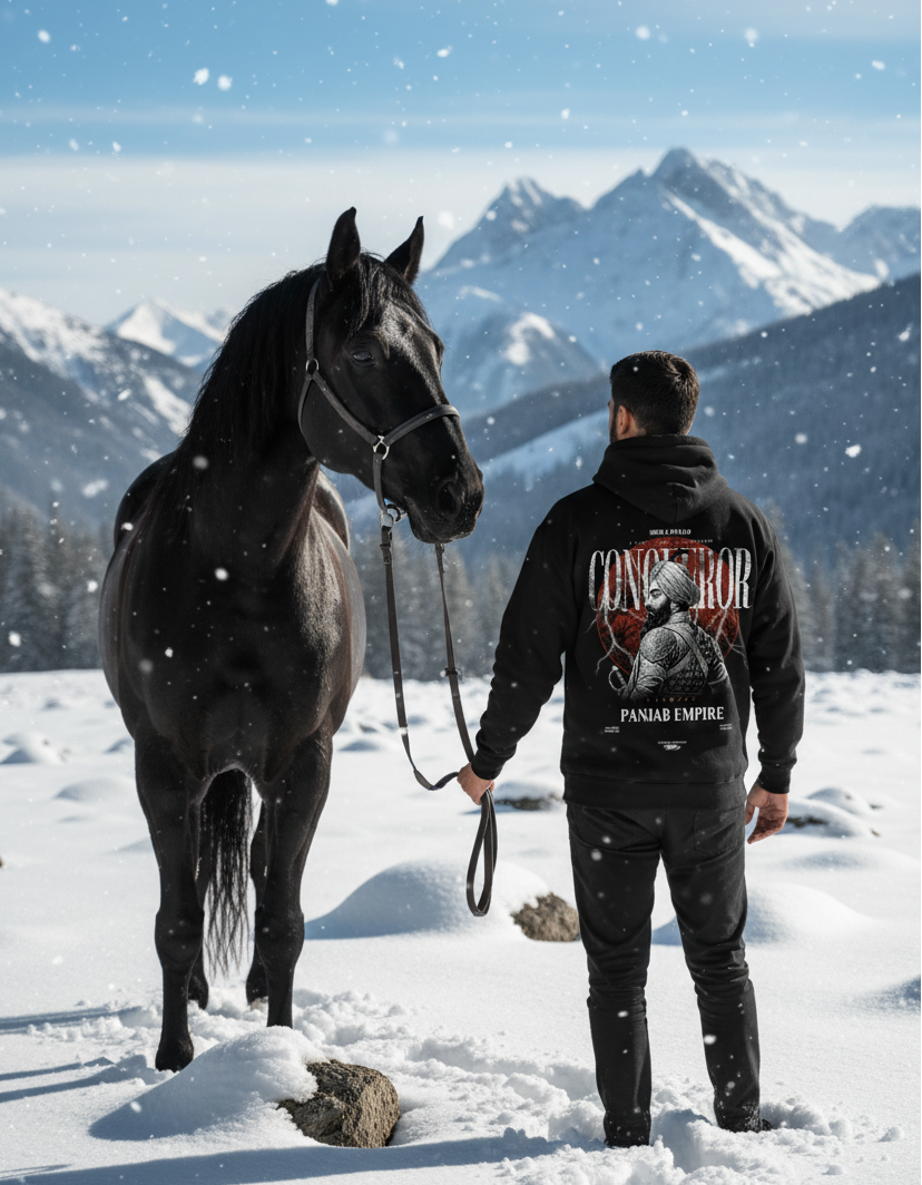 Man walking a horse in a snowy landscape with mountains in the background
