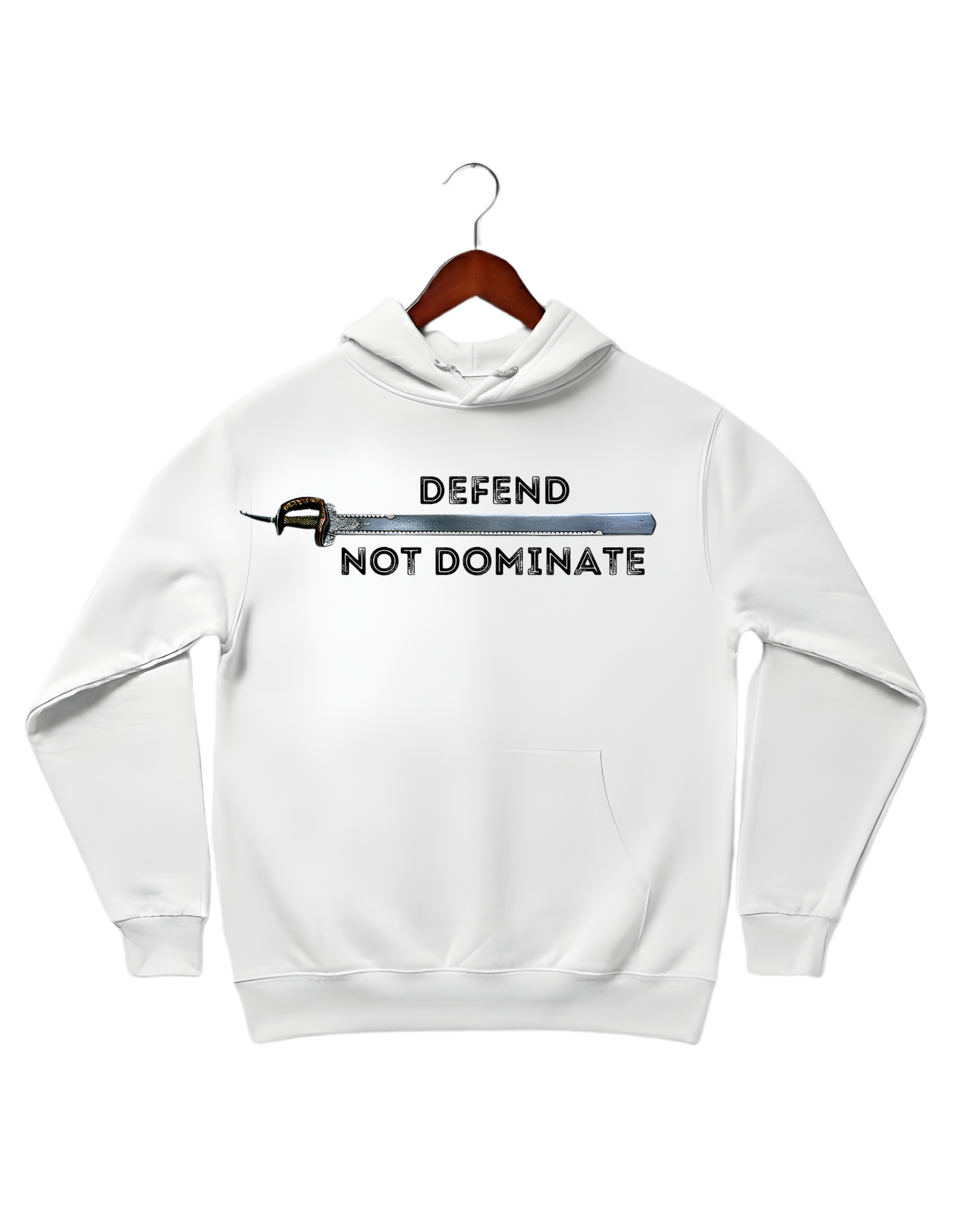 White Cotton Fleece heavyweight streetwear hoodie featuring a central horizontal graphic of a traditional Kirpan (Sikh sword) with a detailed silver blade and gold hilt. The design is framed by the text "DEFEND" in Black distressed typography above the sword and "NOT DOMINATE" in matching Black distressed font below, emphasizing a warrior spirit and protective philosophy.