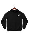Minimalist black hoodie by Pardesi Drip — sleek streetwear design with small white horse emblem on chest symbolizing pride, strength, and motion. Premium cotton fabric representing bold Punjabi roots and modern minimalist aesthetic.