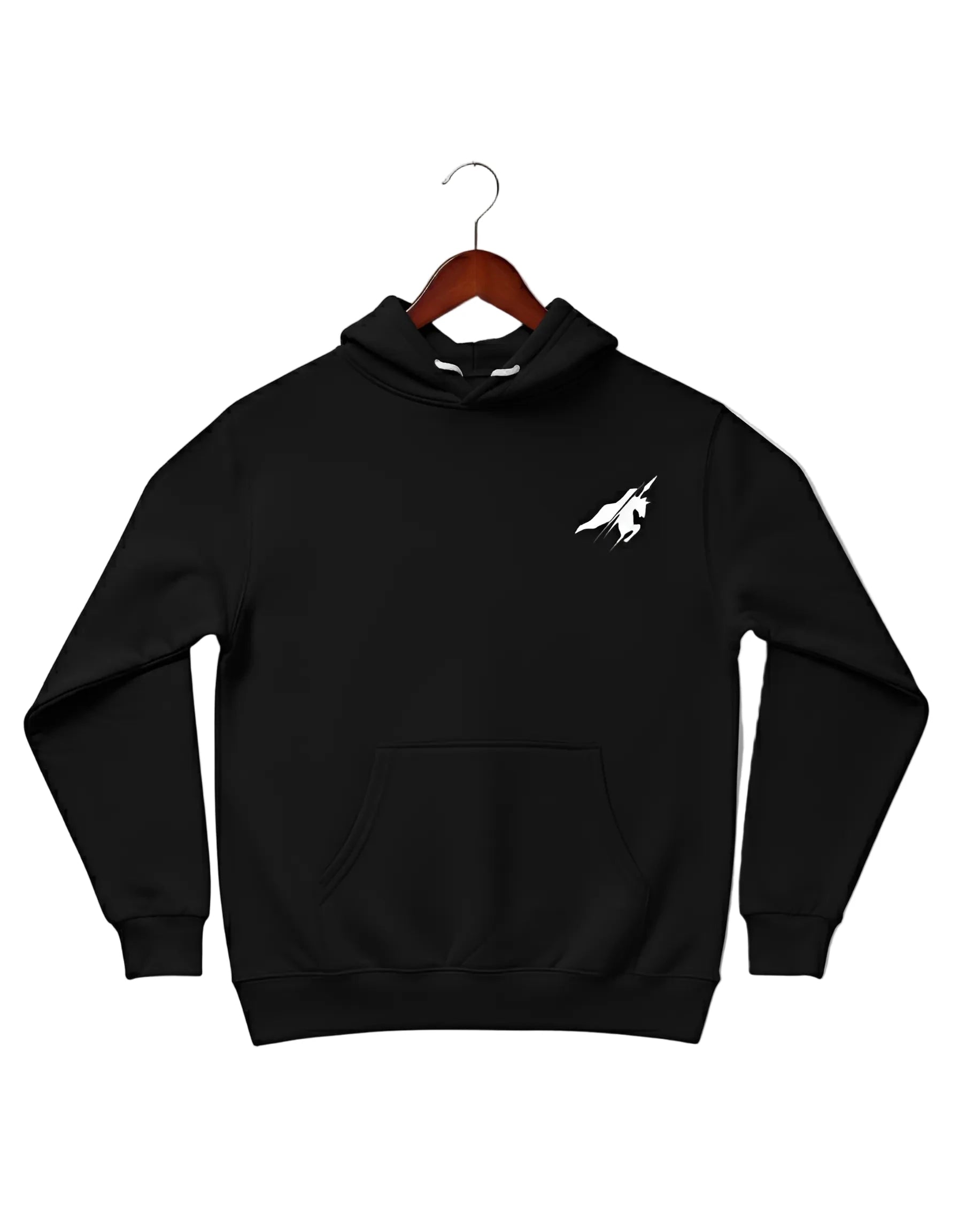 Minimalist black hoodie by Pardesi Drip — sleek streetwear design with small white horse emblem on chest symbolizing pride, strength, and motion. Premium cotton fabric representing bold Punjabi roots and modern minimalist aesthetic.