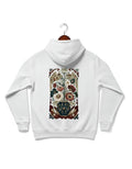 Elegant white hoodie featuring a captivating back graphic inspired by intricate botanical art, showcasing a decorative vase brimming with an array of beautifully rendered flowers and foliage. The artwork presents a rich, muted color palette with deep reds, soft pinks, gentle greens, and subtle earthy tones, giving it a vintage or classic aesthetic that evokes timeless beauty.
The vase itself is ornate, holding a vibrant bouquet of blooming flowers, surrounded by detailed, swirling botanical patterns.