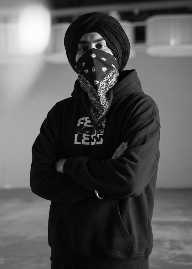 Sikh Person wearing a black turban and black cotton fleece hoodie with 'FEARLESS' text, eyes of Sant Jarnail Singh standing indoors.