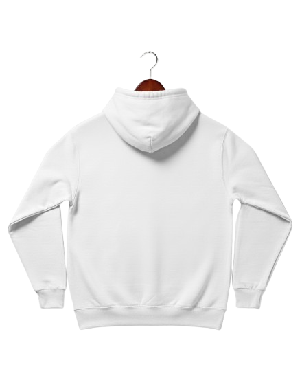 White hoodie on a hanger against a white background
