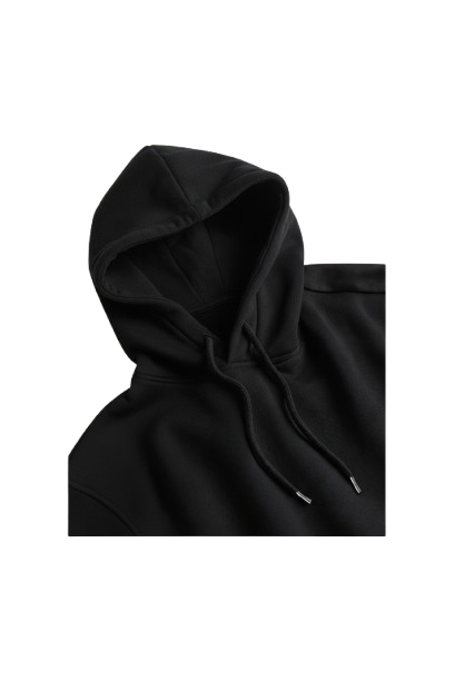 Black cotton fleece hoodie with black drawstring and silver tips on a white background