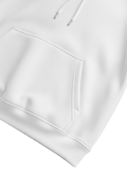 Close-up of a white Cotton Fleece  hoodie on a light gray background