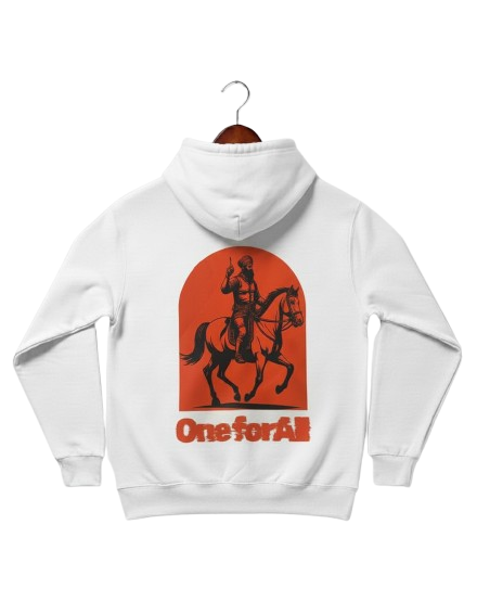 A white hoodie with a prominent graphic on the back featuring an orange arch, inside of which is a dark silhouette of a person on horseback, holding a weapon. Below the arch, the text "One for All" is written in orange. The hoodie is displayed on a wooden hanger against a white background.