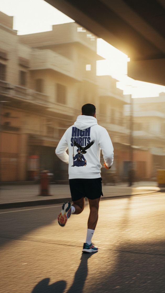 A man is shown from behind, running down a sunlit street. He is wearing a white hoodie with a graphic on the back that says "HIGH SPIRITS" in blue letters, black shorts, white socks, and colorful running shoes. The street has buildings on the left and an overpass on the right, with a bright sun flare in the background. The motion blur suggests he is actively running.