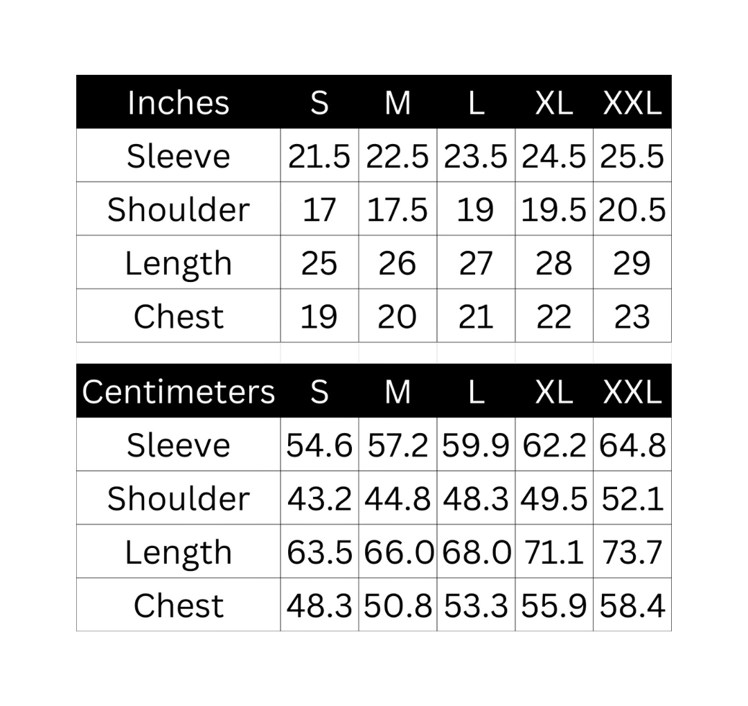 Measurement chart for sleeve, shoulder, length, and chest in both inches and centimeters across size small to extra large.