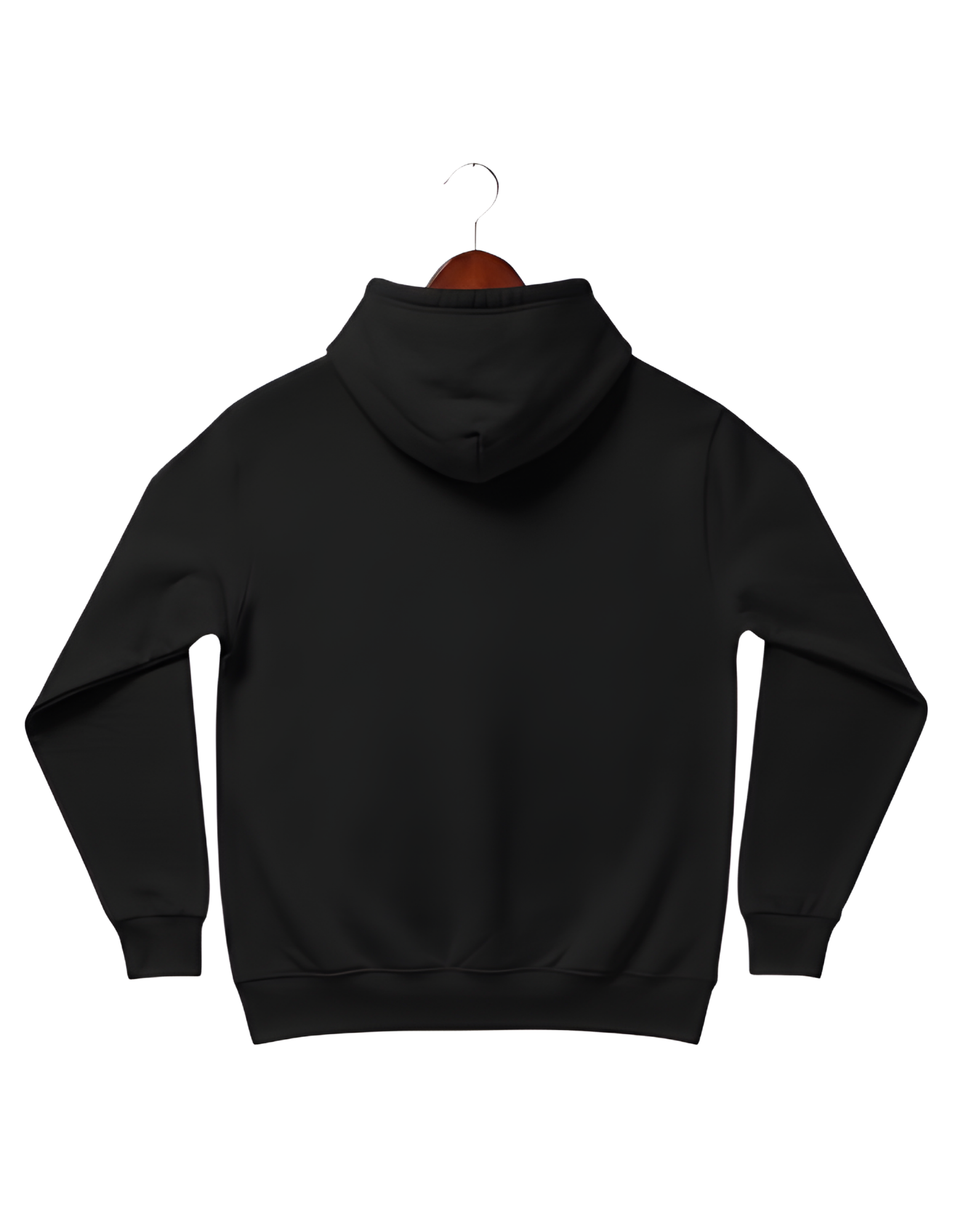 Black Cotton Fleece hoodie on a hanger against a white background