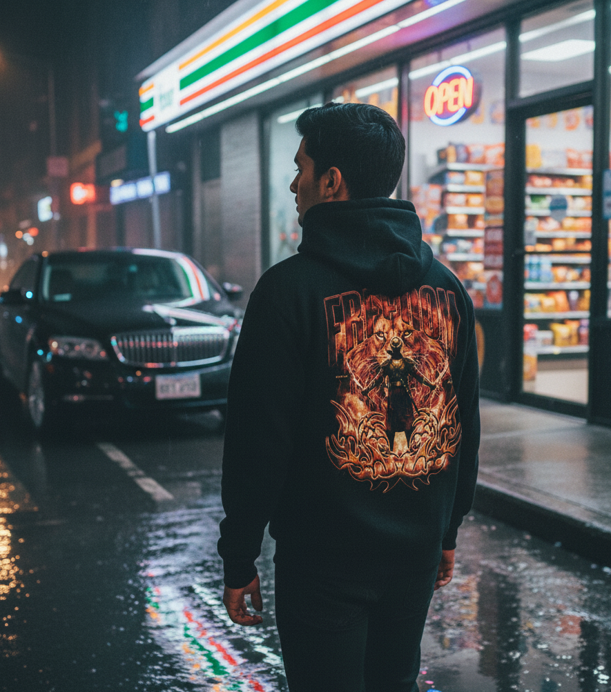Person wearing a black hoodie with a colorful design standing in front of a 7-Eleven at night.