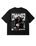 Black Oversized French Terry t-shirt with a white text "Commander" with a graphic of Hari Singh Nalwa splitting open a tiger's jaws with his bare hands.