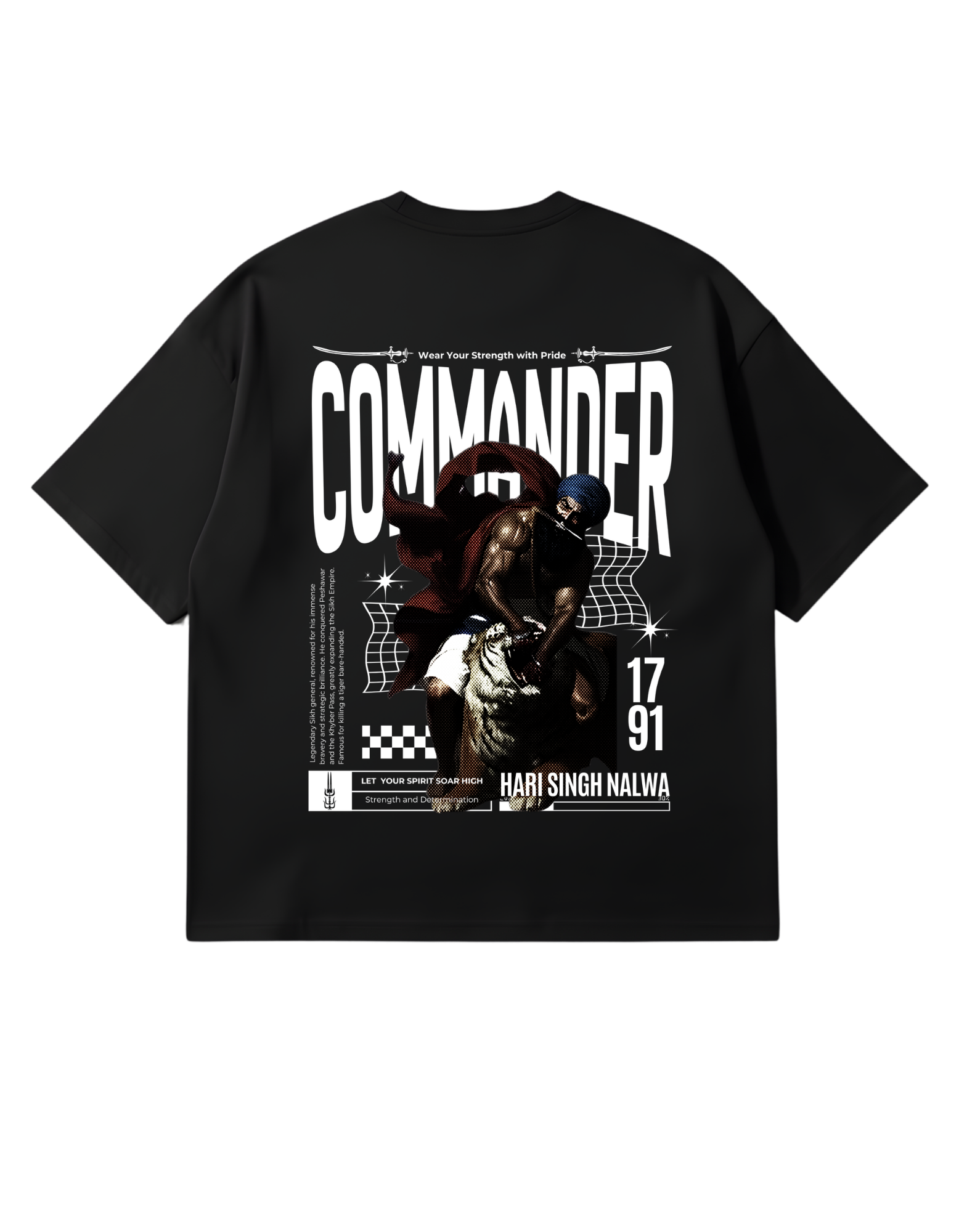 Black Oversized French Terry t-shirt with a white text "Commander" with a graphic of Hari Singh Nalwa splitting open a tiger's jaws with his bare hands.