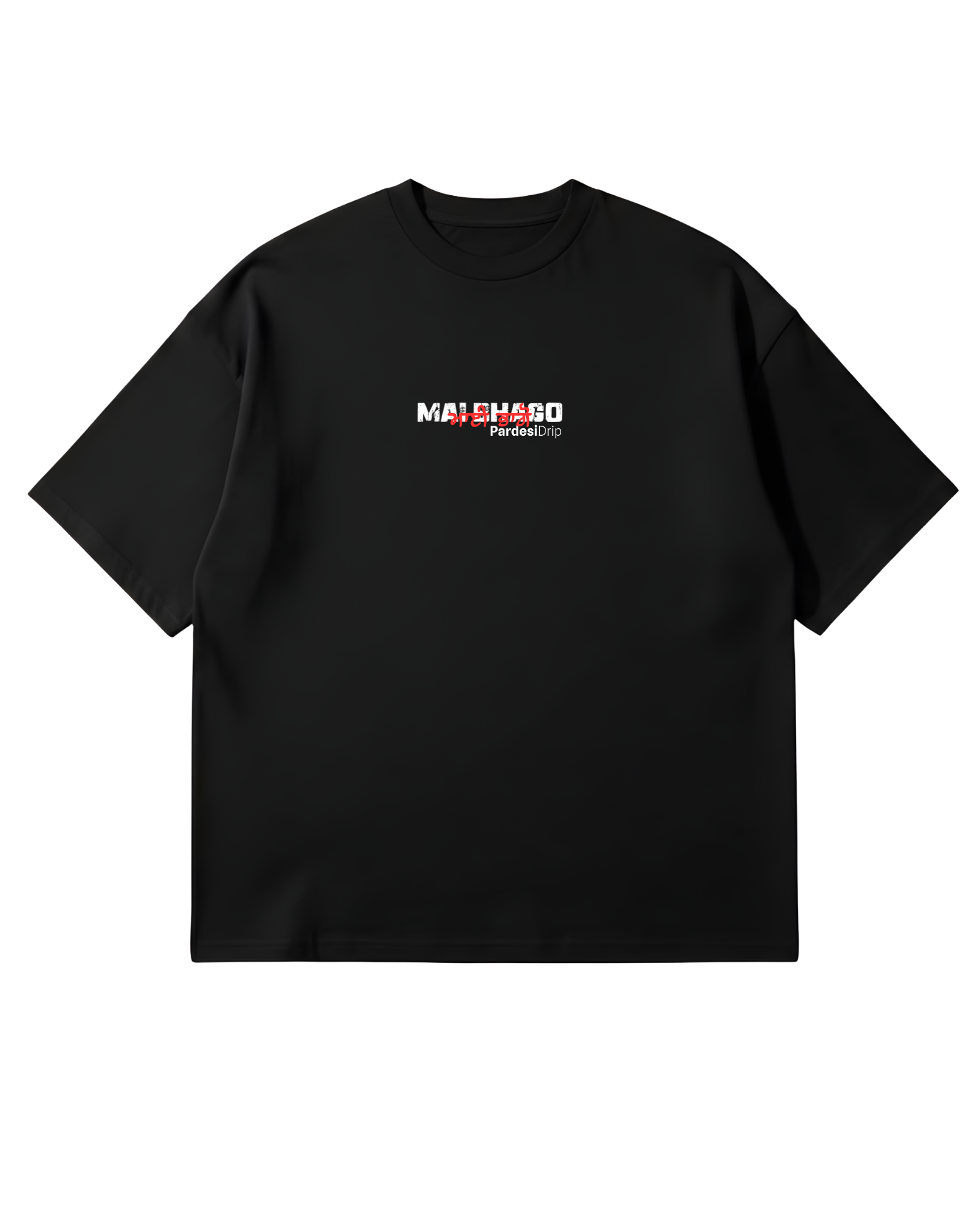 Black Oversized French Terry t-shirt with a white text "Mai Bhago" in English and in red Punjabi text. 