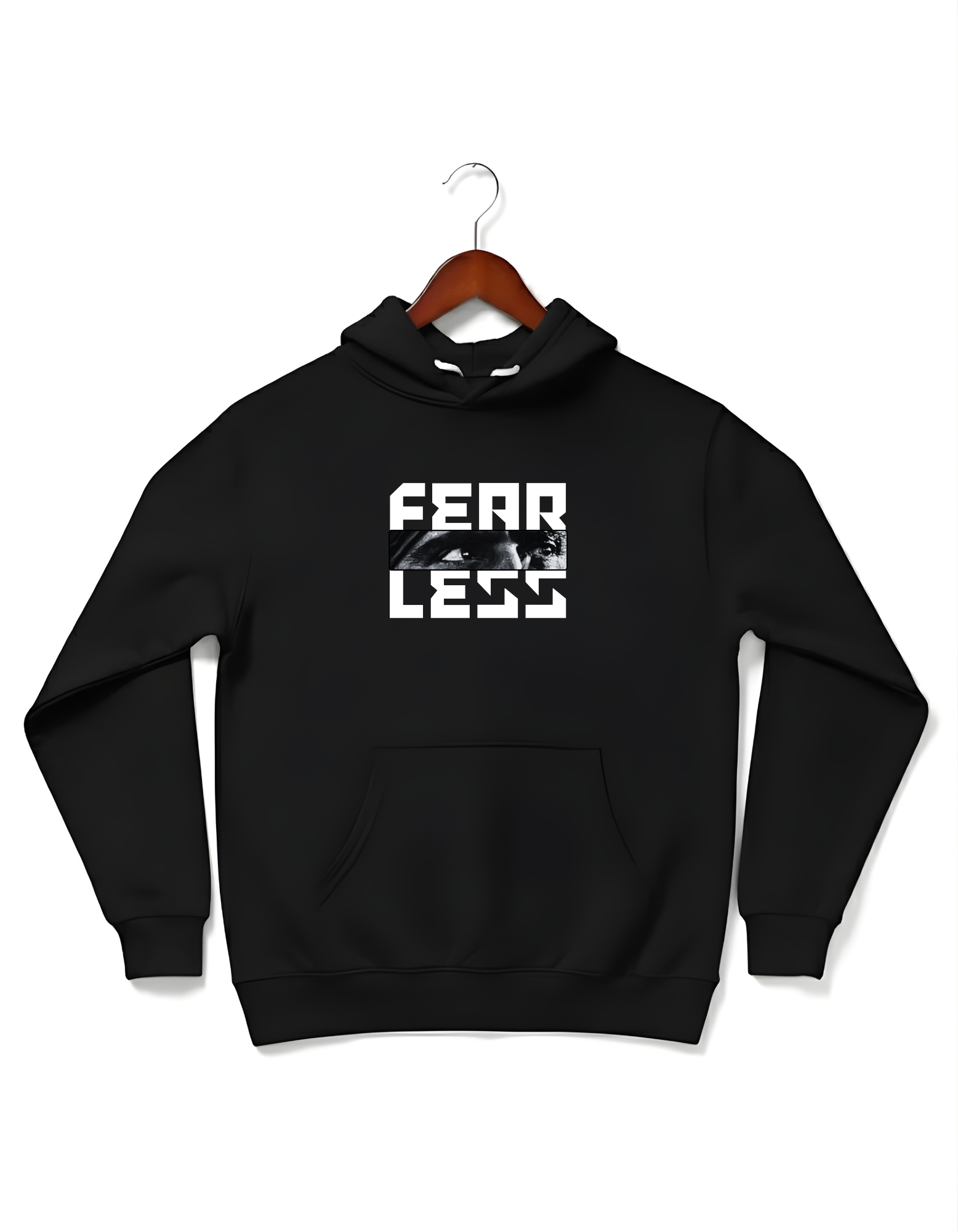 Black cotton fleece hoodie with 'FEARLESS' text and graphic eyes of Sant Jarnail Singh on a hanger against a white background.
