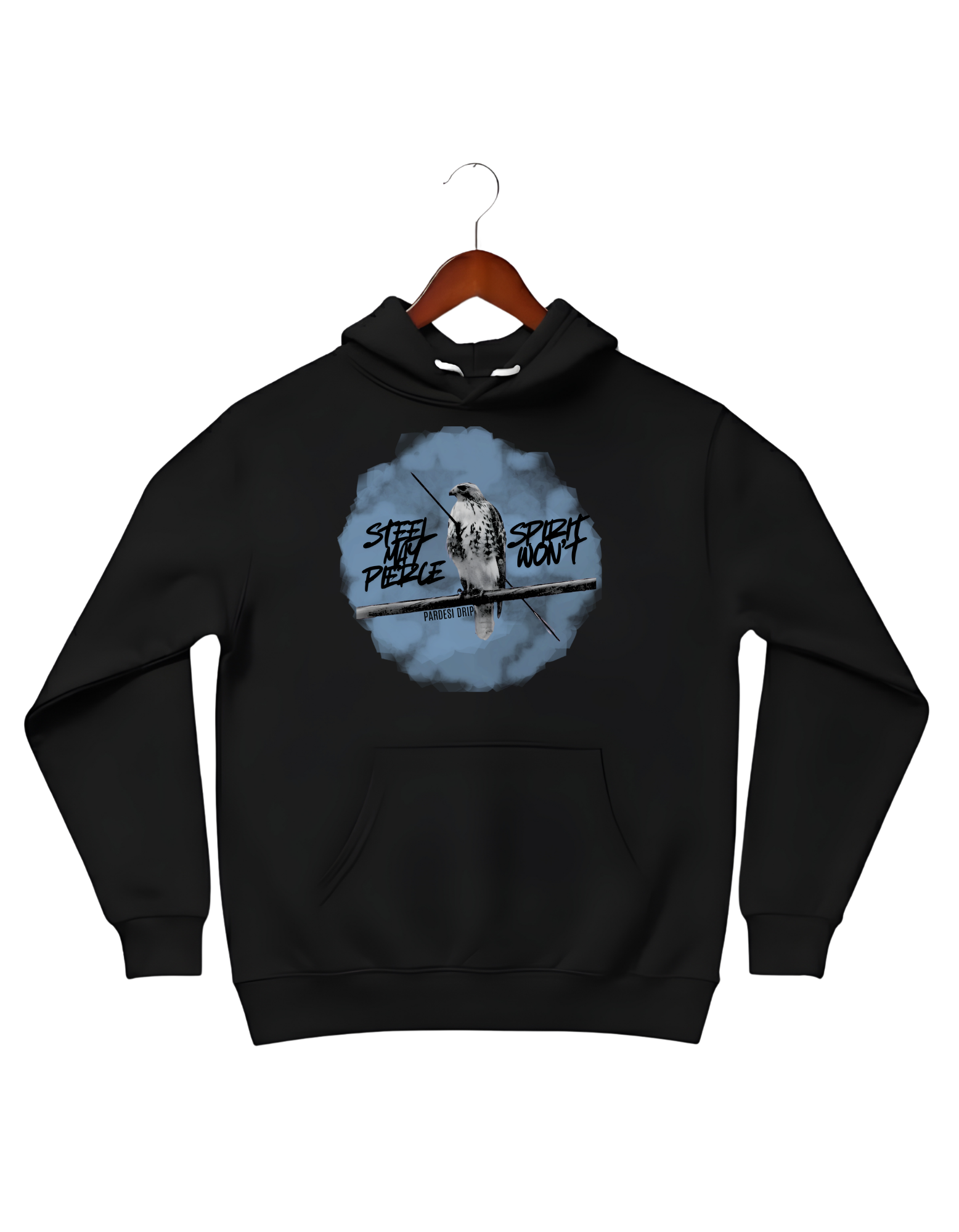 Black Cotton Fleece hoodie features a circular blue watercolor-style graphic of a Baaz (Sikh falcon) perched on a branch, flanked by the edgy script "STEEL MAY PIERCE" and "SPIRIT WON'T.