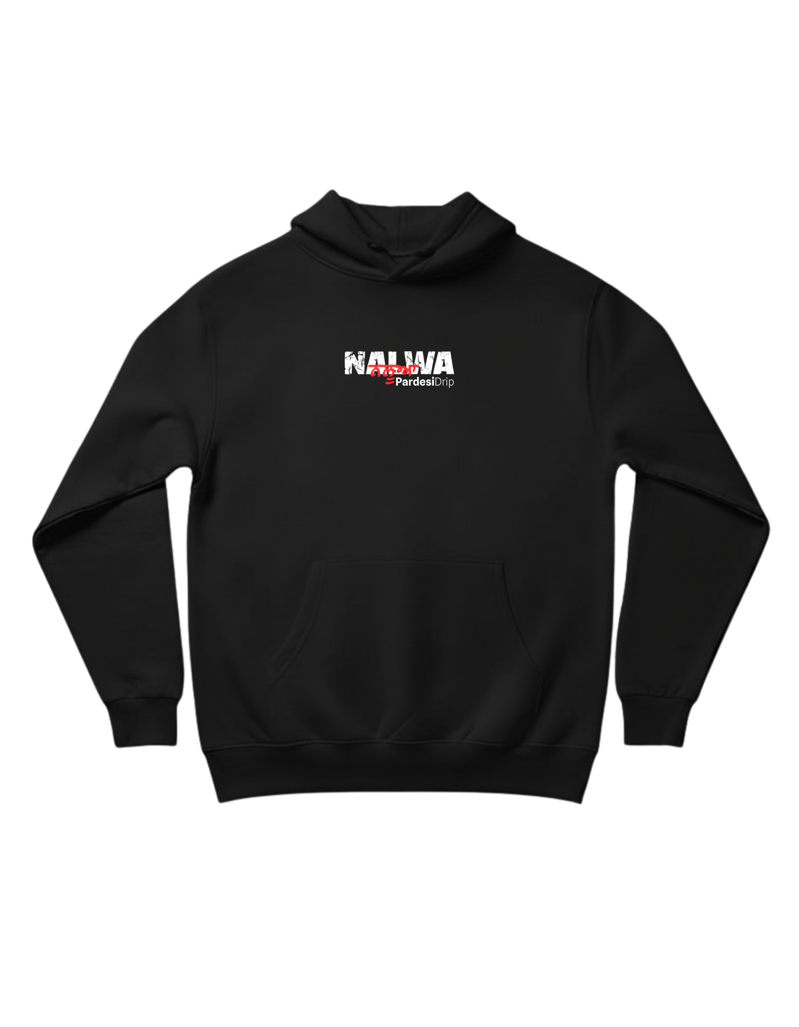 Black Oversized Cotton Fleece Hoodie with a white text "Nalwa" in English and in red Punjabi text. 