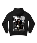 Black Oversized cotton fleece hoodie with a white text "Commander" with a graphic of Hari Singh Nalwa splitting open a tiger's jaws with his bare hands.