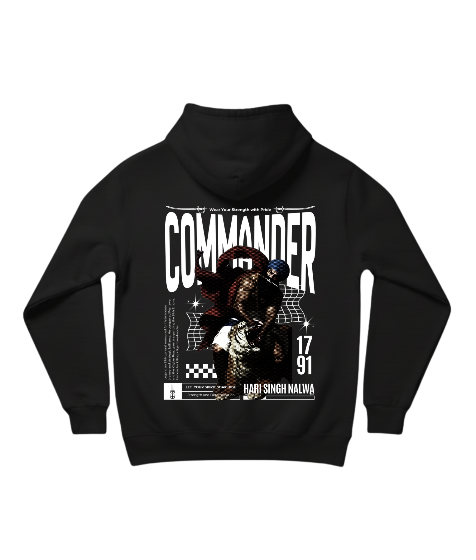 Black Oversized cotton fleece hoodie with a white text "Commander" with a graphic of Hari Singh Nalwa splitting open a tiger's jaws with his bare hands.