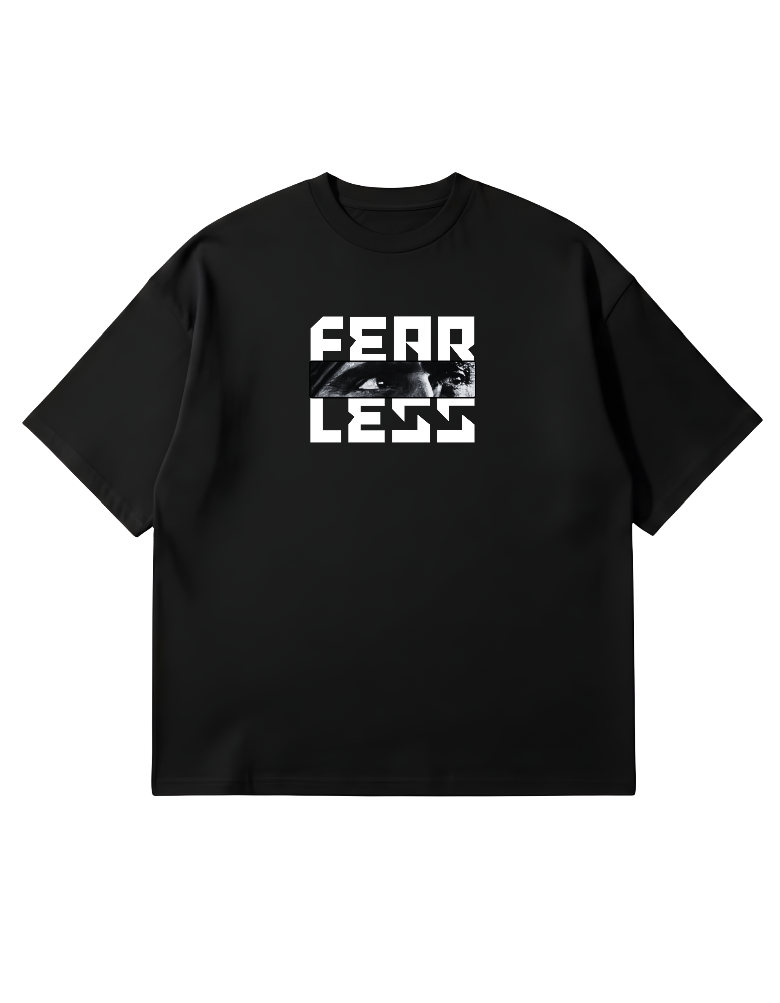 Black oversized French Terry T-shirt with 'FEARLESS' text and graphic eyes of Sant Jarnail Singh