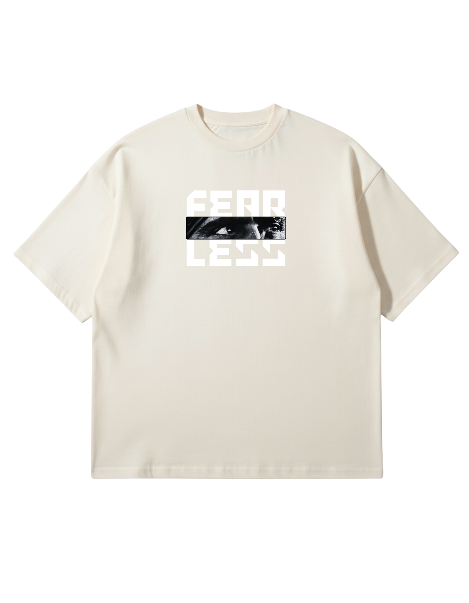 Off-White oversized French Terry T-shirt with 'FEARLESS' text and graphic eyes of Sant Jarnail Singh