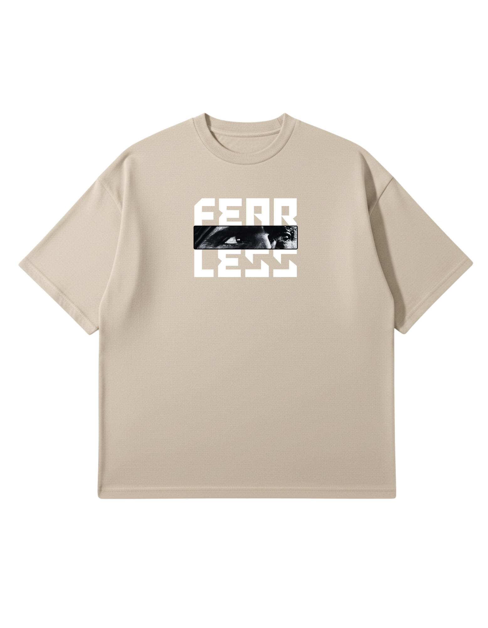 Beige oversized French Terry T-shirt with 'FEARLESS' text and graphic eyes of Sant Jarnail Singh