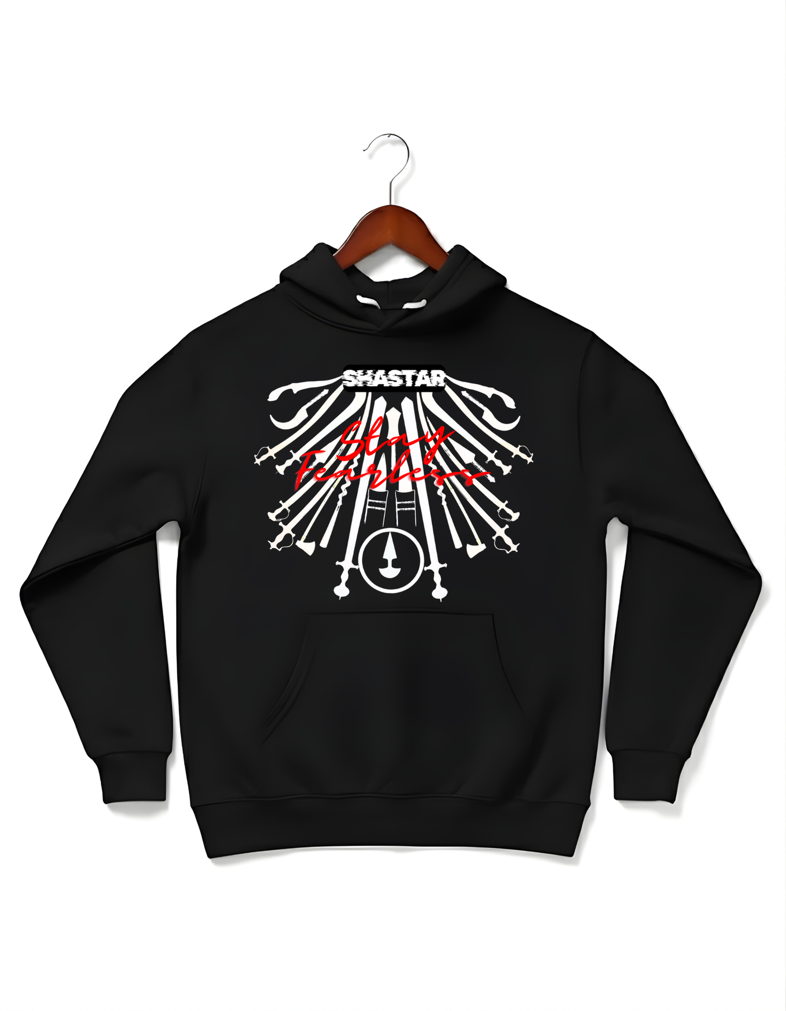 Black oversized Cotton Fleece heavyweight hoodie featuring a white "Shastar" graphic design of traditional Panjabi warrior weapons (Kirpans, Teghs, and Khanda) arranged in a fan shape. The design includes "SHASTAR" in bold white block typography at the top and "Stay Fearless" in a vibrant red cursive script layered over the center.