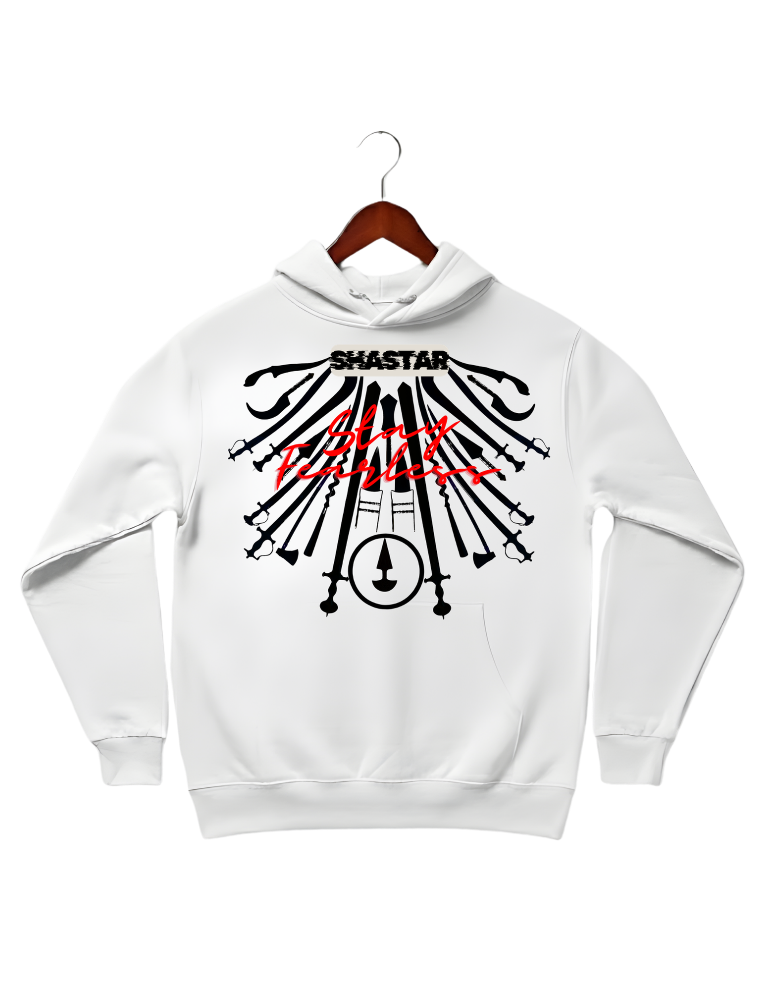White oversized Cotton Fleece heavyweight hoodie featuring a white "Shastar" graphic design of traditional Panjabi warrior weapons (Kirpans, Teghs, and Khanda) arranged in a fan shape. The design includes "SHASTAR" in bold white block typography at the top and "Stay Fearless" in a vibrant red cursive script layered over the center.