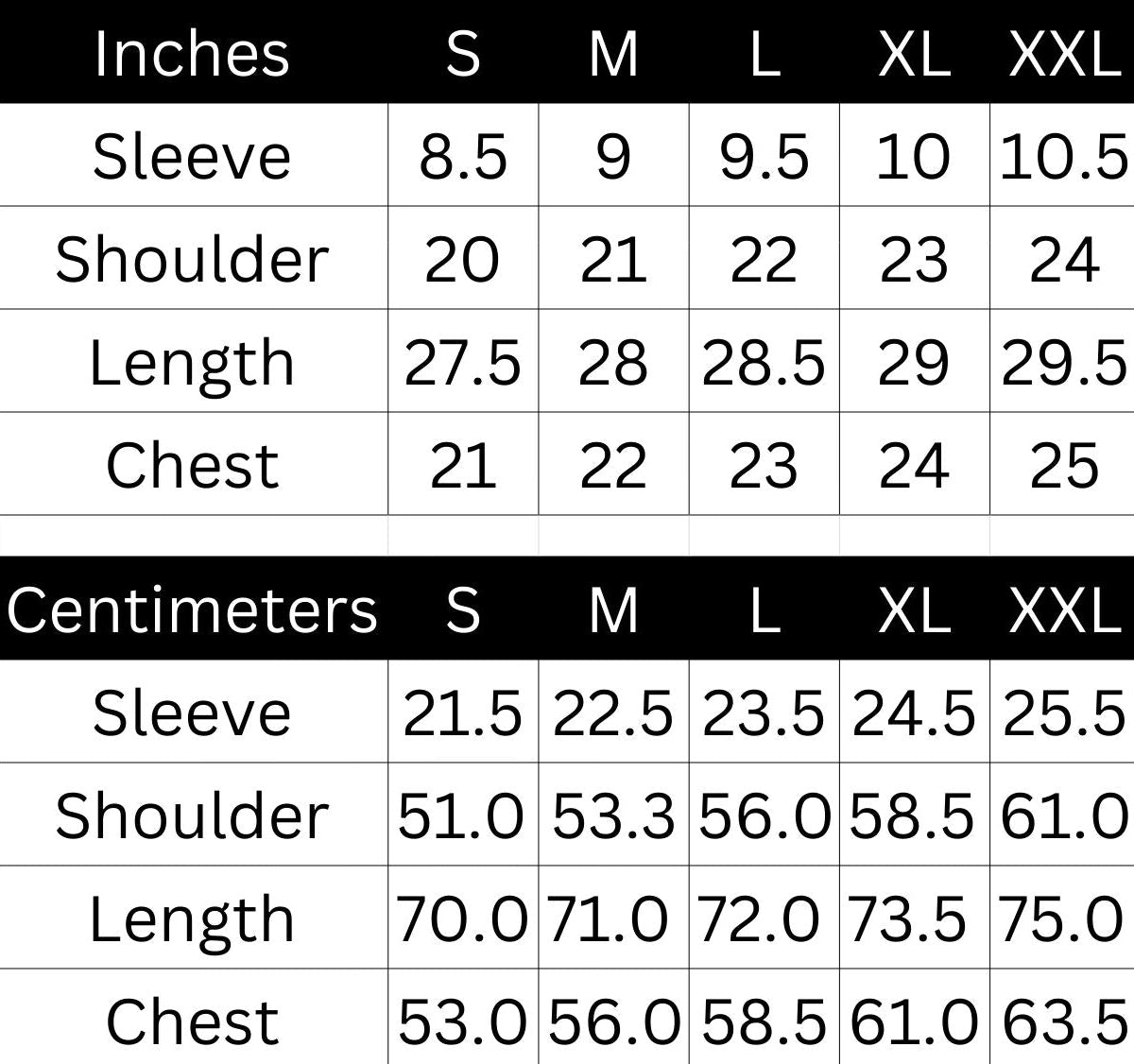 Size chart for clothing measurements in both inches and centimeters.