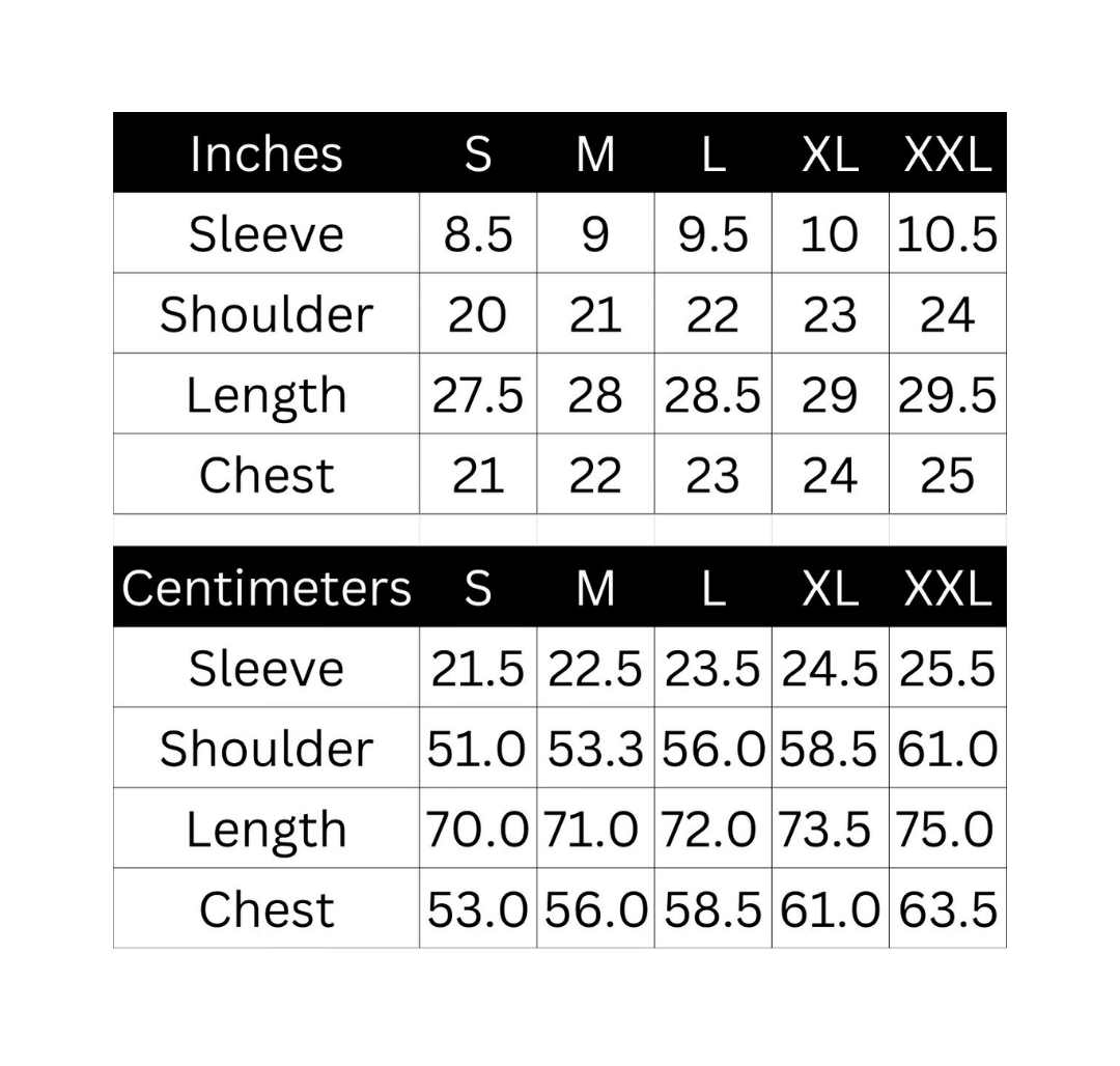 Measurement chart comparing inches and centimeters for sleeve, shoulder, length, and chest measurements across size options.