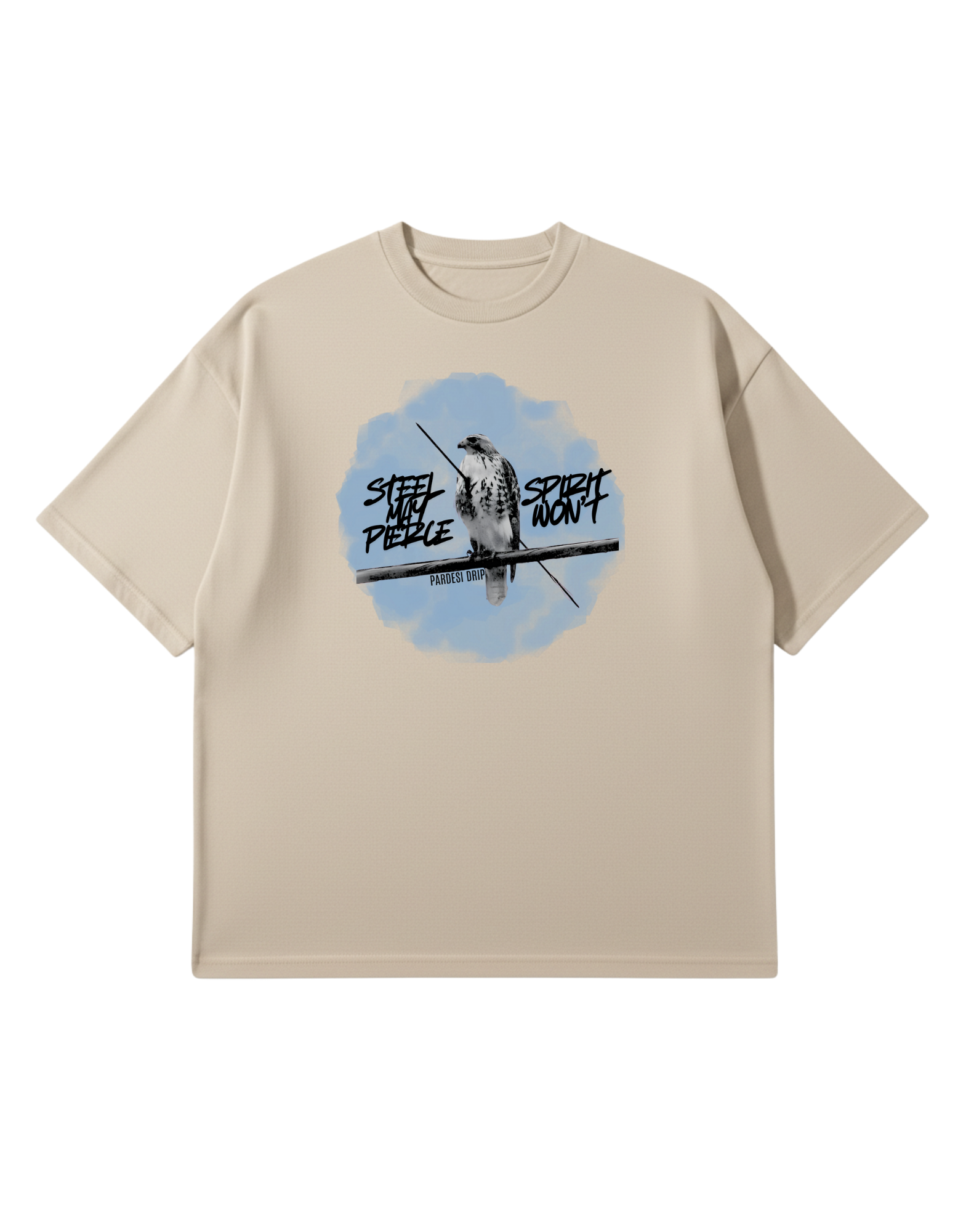 Beige Oversized French Terry T-shirt features a circular blue watercolor-style graphic of a Baaz (Sikh falcon) perched on a branch, flanked by the edgy script "STEEL MAY PIERCE" and "SPIRIT WON'T.