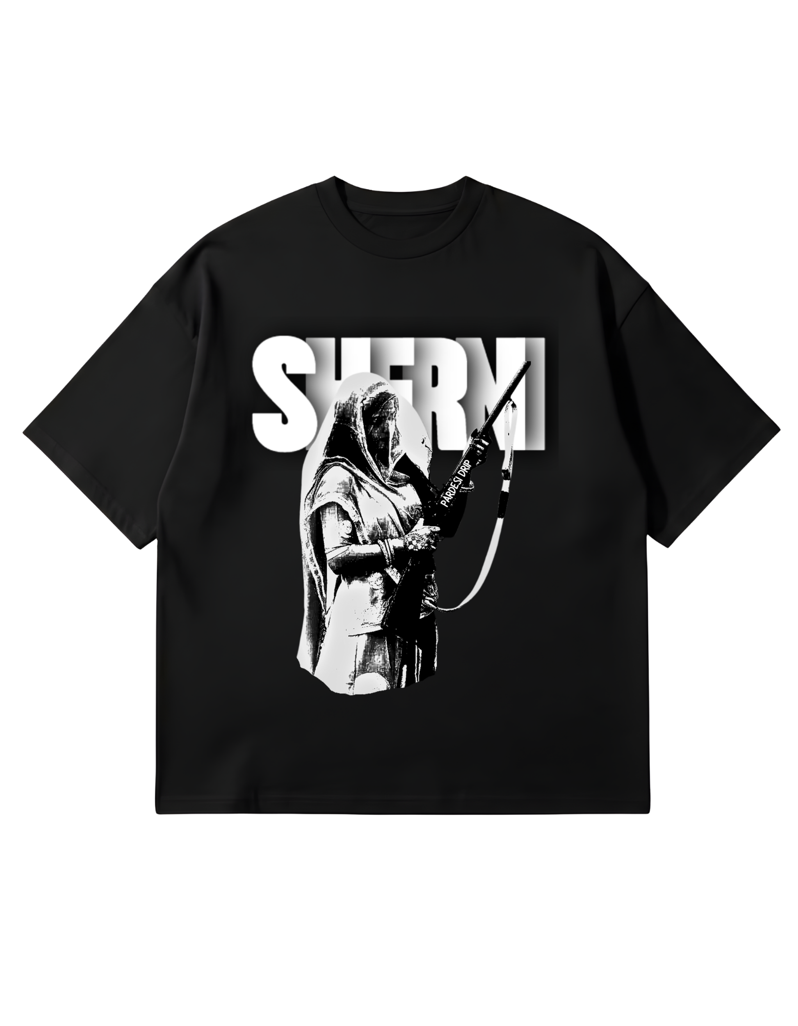 Black oversized French Terry T-shirt features a large, bold graphic of a historical figure, Maharani Jindan Kaur, with the word "SHERNI" in large white block typography in the background. The design is loud, graphic, and culturally inspired.