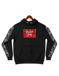 Black Punjabi streetwear hoodie with red Shastar text and white weapon sleeve art. Men's heavy cotton hooded sweatshirt featuring Sikh warrior-inspired graphic design and Pardesi Drip branding, isolated on a black background.