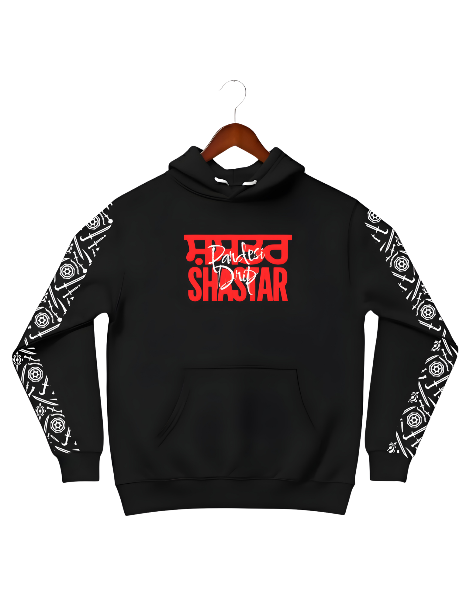 Black Punjabi streetwear hoodie with red Shastar text and white weapon sleeve art. Men's heavy cotton hooded sweatshirt featuring Sikh warrior-inspired graphic design and Pardesi Drip branding, isolated on a black background.